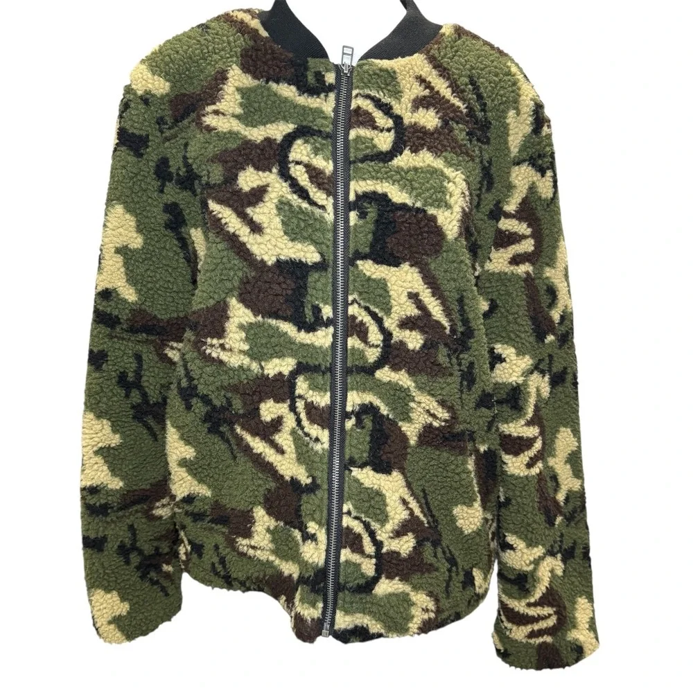 Sanctuary Green Camoflauge Zip Up Fleece Jacket Lined Medium‎